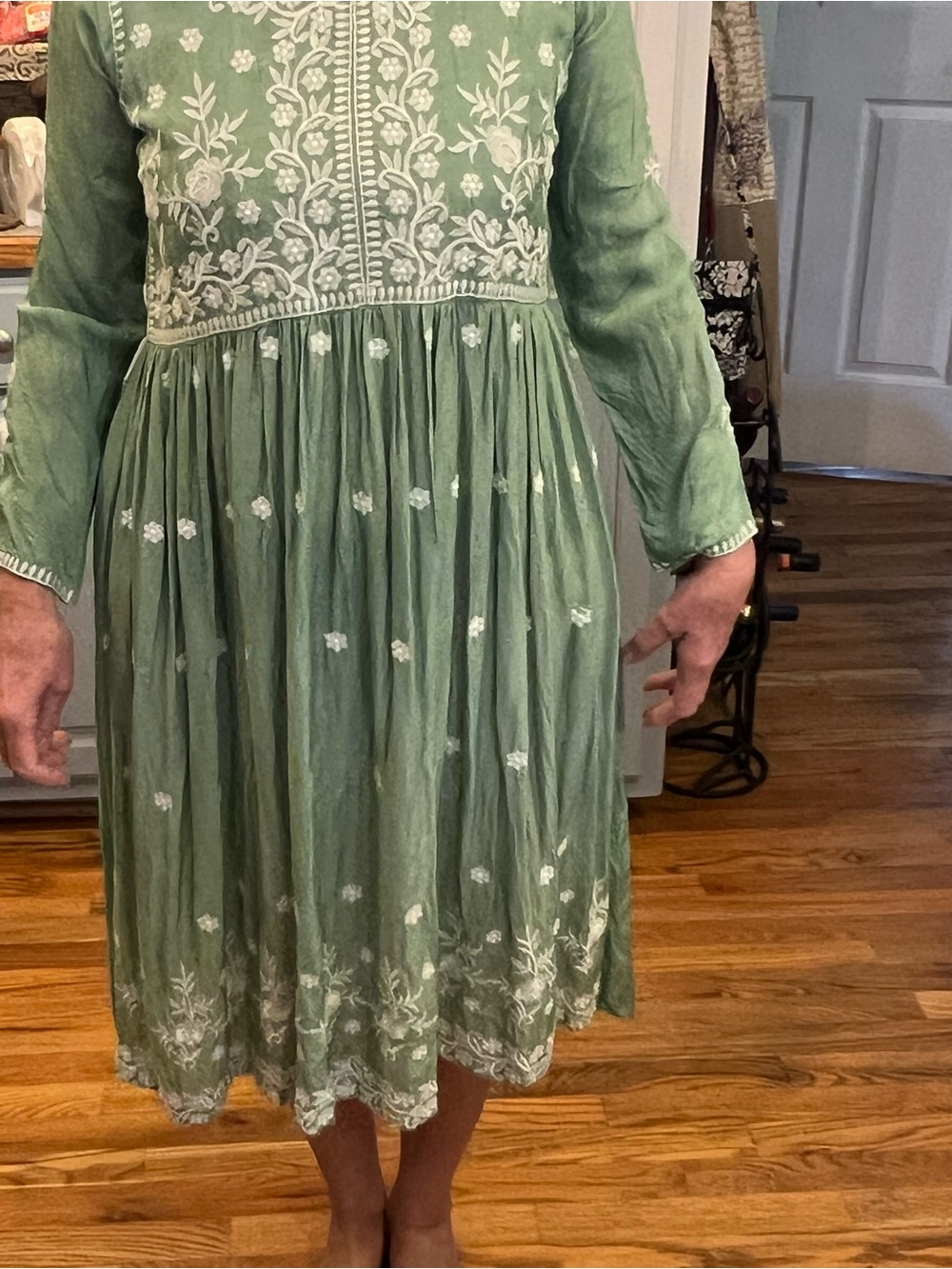 Sage Green Satin Chikankari Kurta Dress Size L
